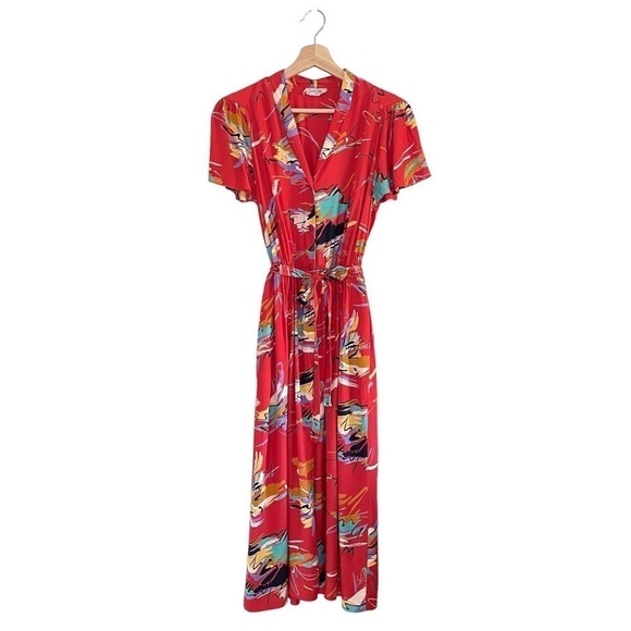 Vintage Saint Clair Paris Short Sleeve Tie Waist Midi Dress Red Abstract Print - Picture 1 of 16